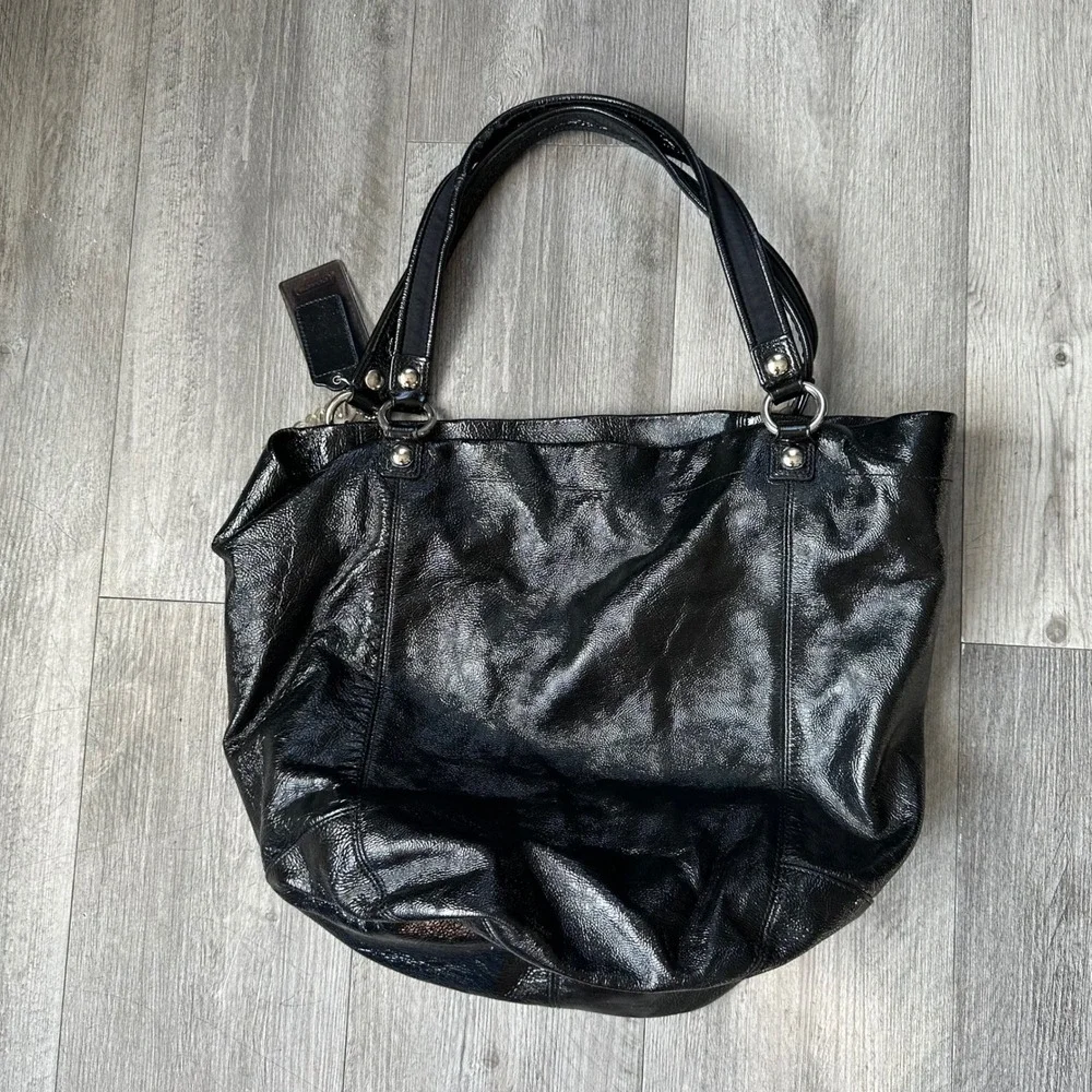 Coach Y2K Poppy Black Leather Tote Bag Shoulder Purse Zip Pocket